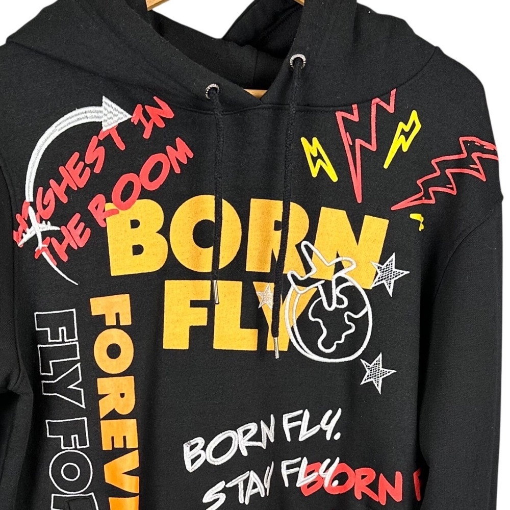 Born Fly Forever Fly Mens Black Graphic Hoodie Sweatshirt Large Streetwear